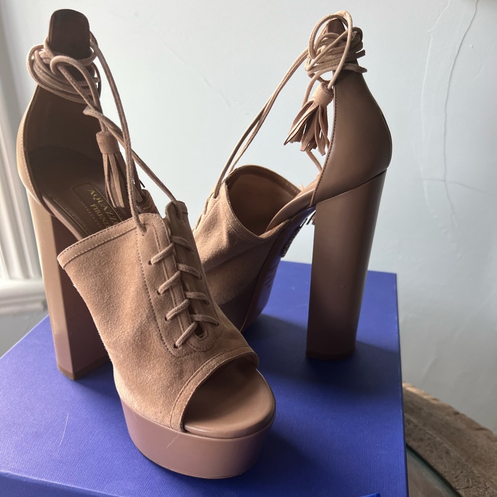 Tan Aquazzura Firenze Platform Sandals - Jac Plateau LIKE NEW